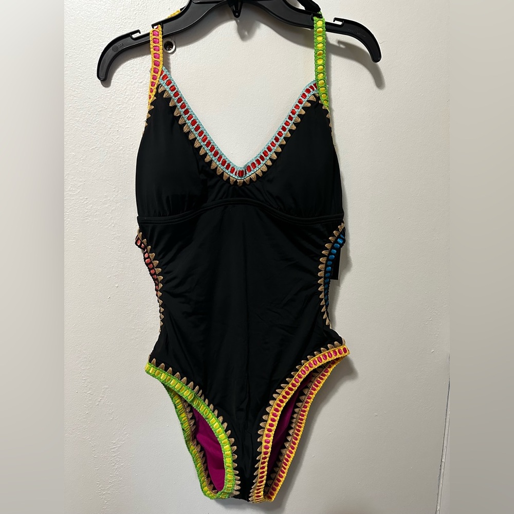 Bar III Black Multicolor Trim One Piece Swimsuit